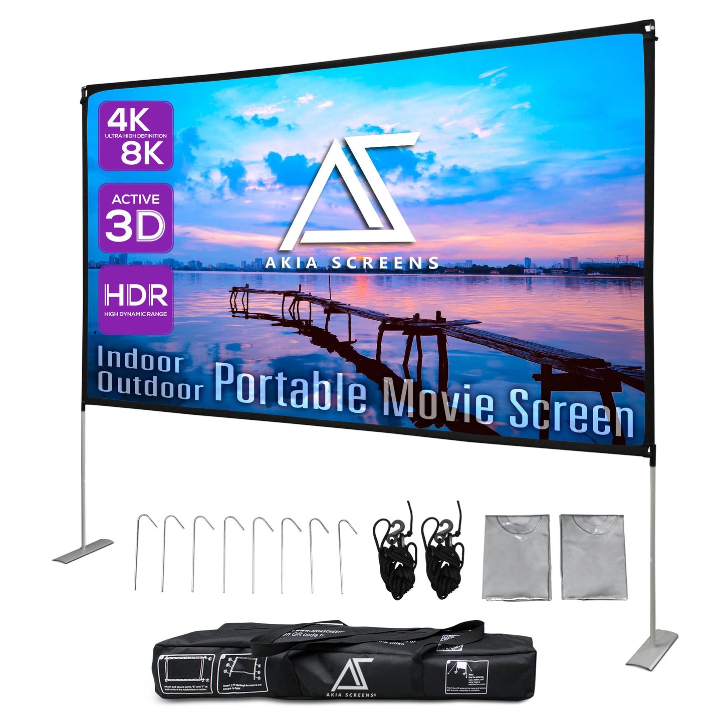Akia Screens 125 Inch Portable Projector Screen with Stand and Carry Bag, 16:9 Foldable Front & Rear Projection Screen for Indoor & Outdoor Movies