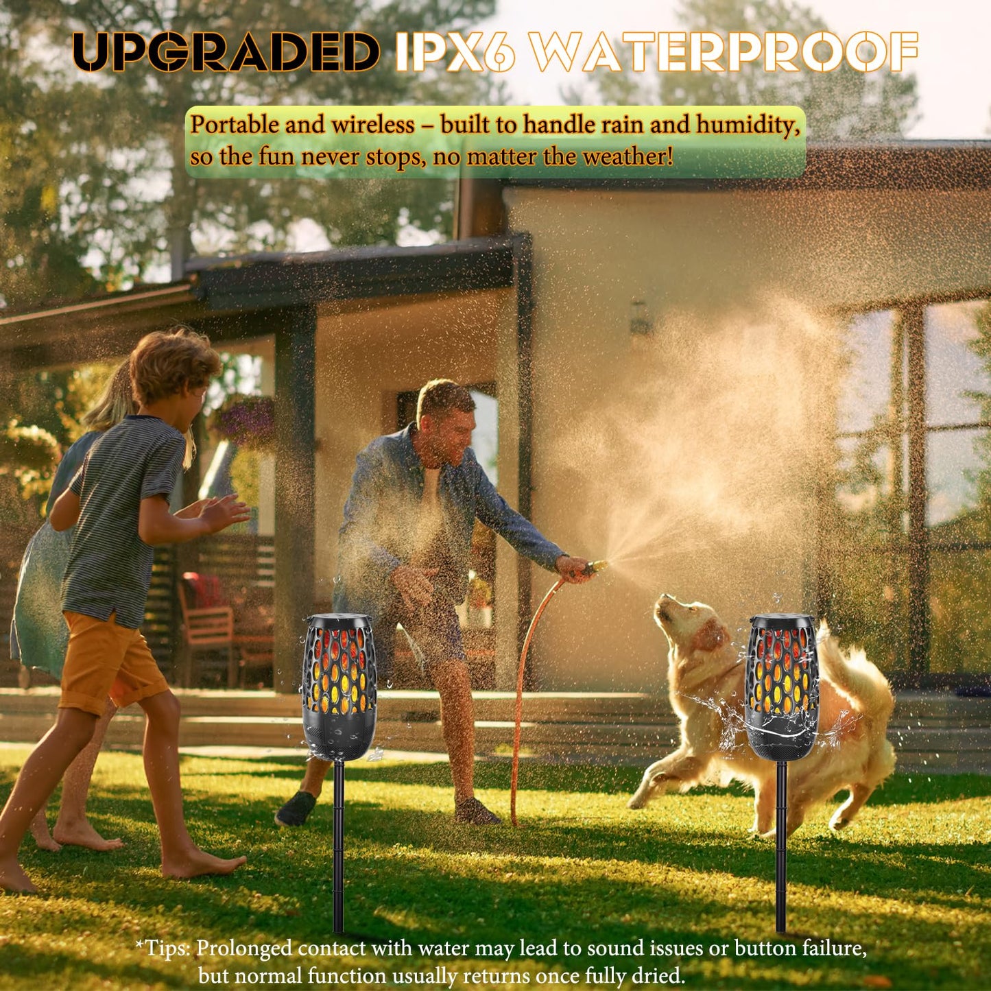 Upgraded Outdoor Bluetooth Speakers Patio with LED Lights - IPX6 Waterproof, Multi-Sync Up to 100 Speakers, Auto-Pairing, 3 Lighting Modes, Portable