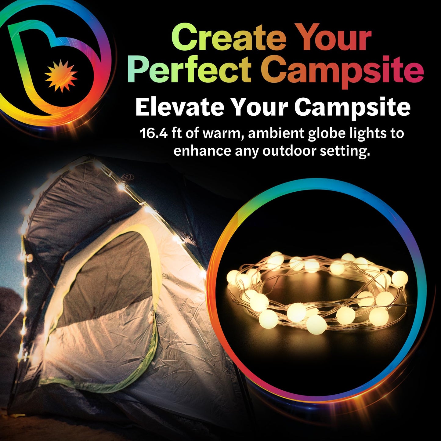Brightz GlobeBrightz 16 ft LED USB String Lights, Warm White - Glamping Tent Lights for Camping - LED Camp Light - Use for Hammocks, Camping Tents