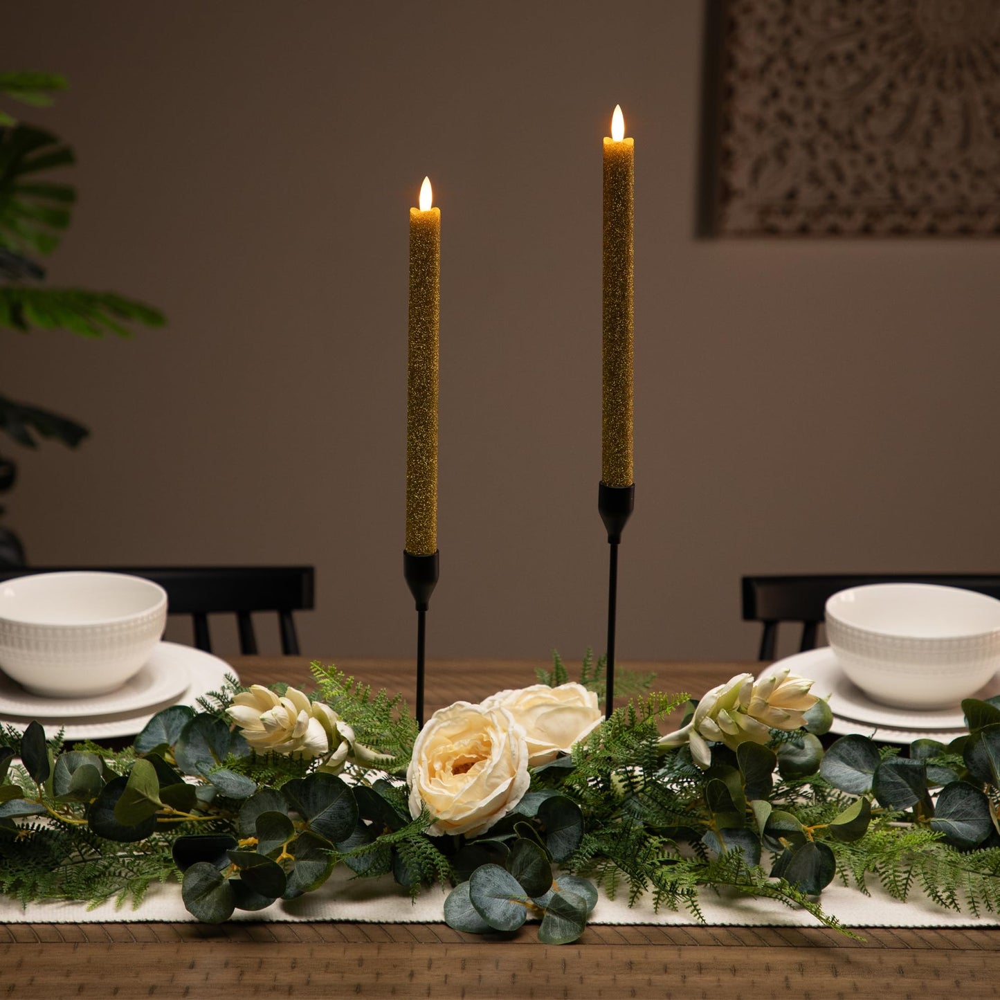 LED Flickering Flameless Taper Glittered Christmas Candles - 11" - Gold - Set of 2