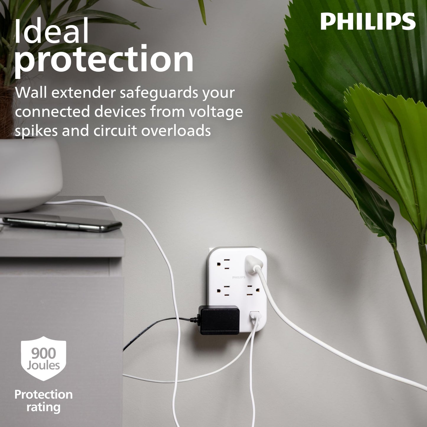 Philips EZFit 5-Outlet Extender Wall Tap with Surge Protection, Grounded Adapter, Charging Station, 3 Prong, 1 USB-A, 1 USB-C, 900J, White