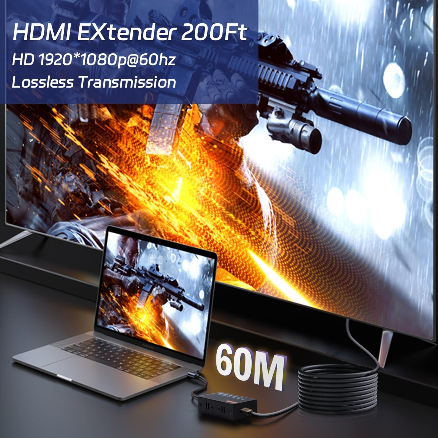PACOXI HDMI Extender Over Single Cat5e/Cat6/Cat7 Ethernet Cable, Video Transmission Up to 200ft, 1080P 60Hz Supports EDID Copy, 3D, HDMI