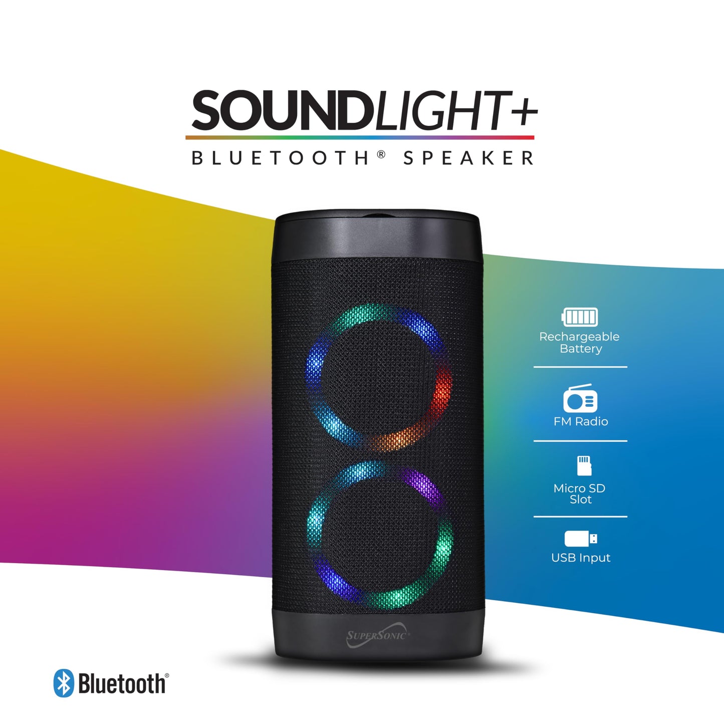 Supersonic SC-2332BT Soundlight Bluetooth Speaker, Stream from Any Device, Enjoy USB/SD Playback, FM Radio, Vibrant Ring Light, Long-Lasting 1500mAh