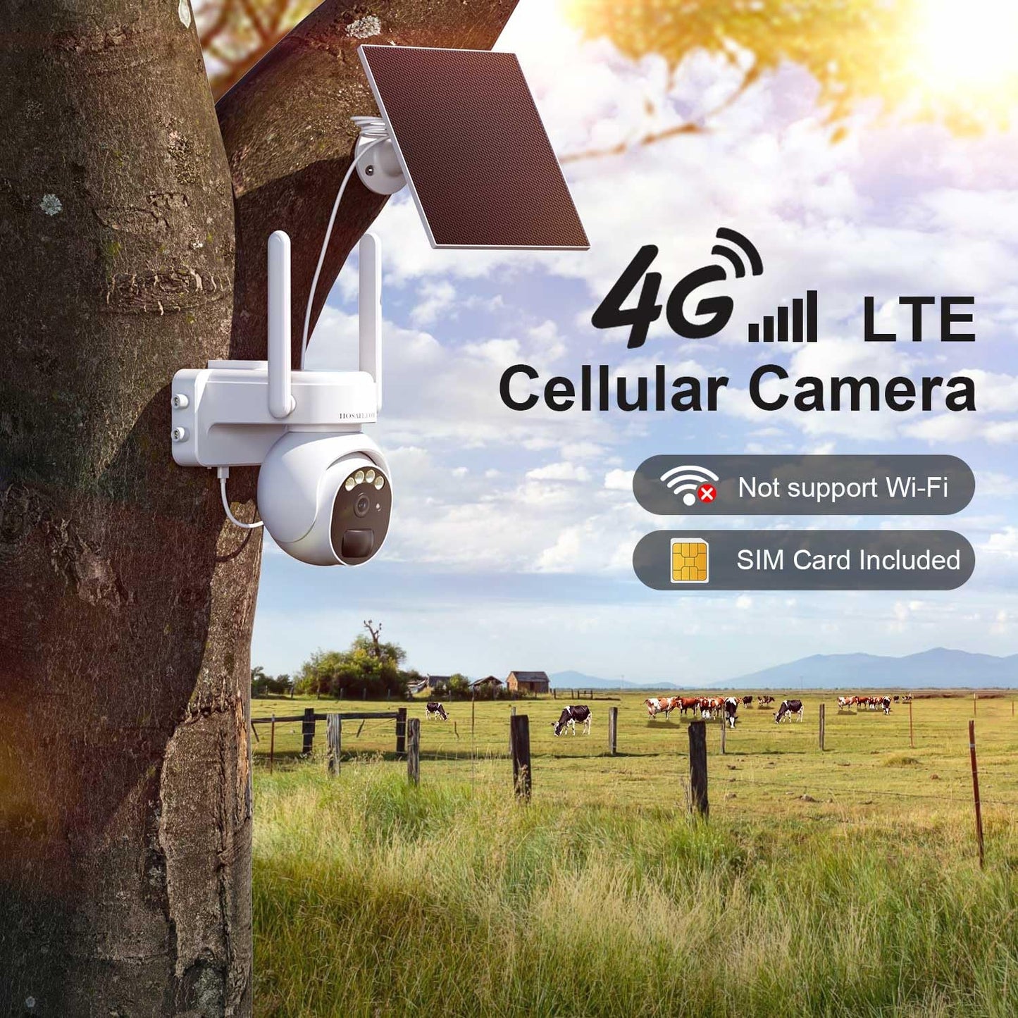 4G LTE Cellular Security Camera Outdoor, Off Grid Security Camera No WiFi Solar Powered, 360° PTZ Solar Camera Outdoor Wireless, 2K Color Night