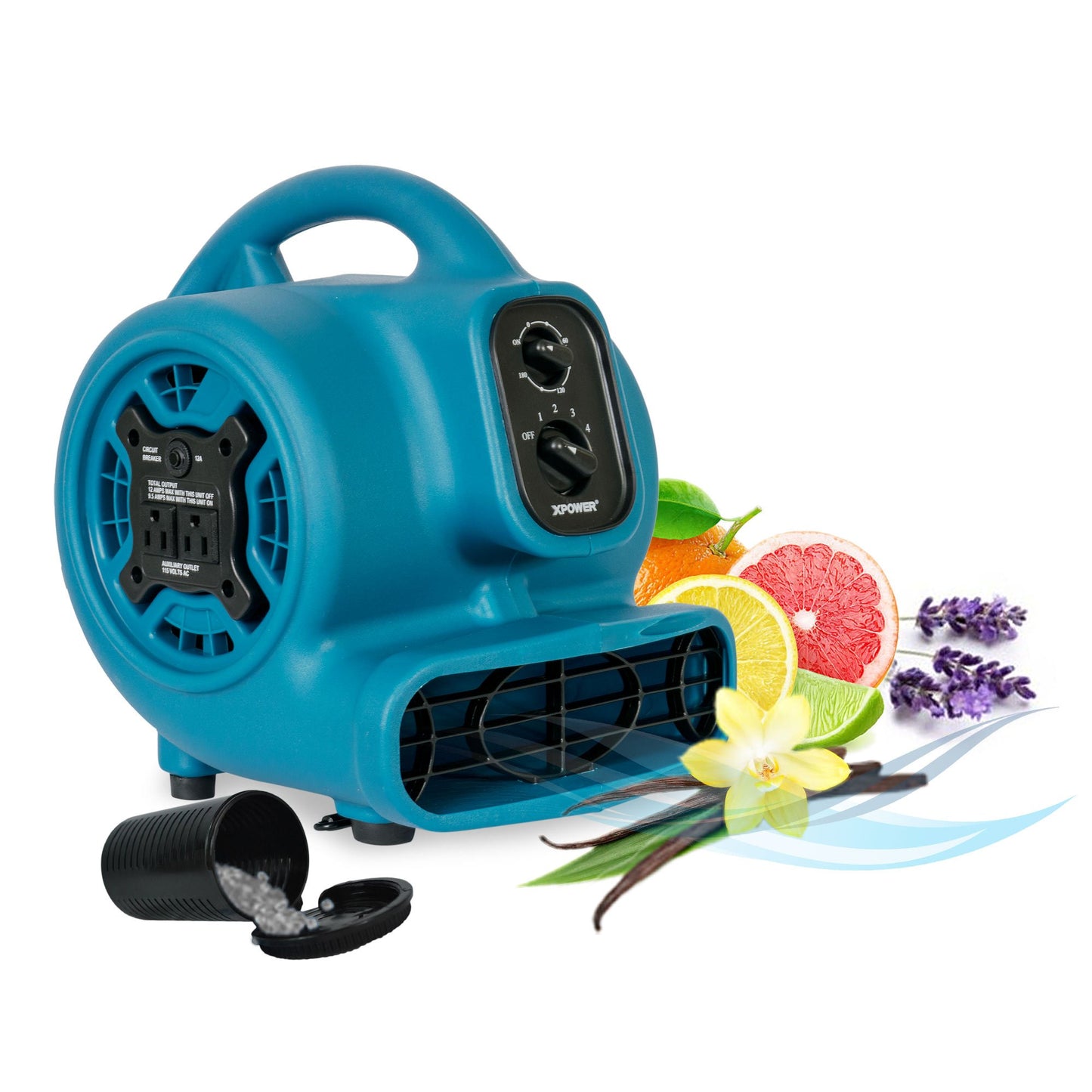 XPOWER P-260AT Freshen Mini Mighty Scented Air Mover, Utility Fan, Dryer, Blower with Power Outlets & Timer-1/5 HP, 800 CFM, 4 Speeds