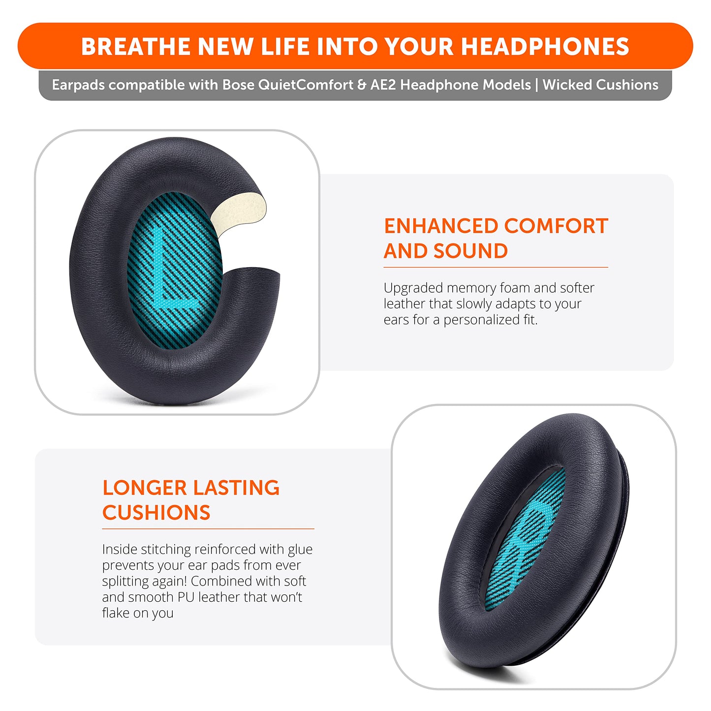 WC Wicked Cushions Upgraded Replacement Ear Pads for Bose Headphones - Compatible with QC15 / QC25 / QC35 & 35 ii / QC2 / AE2 / AE2i / AE2W