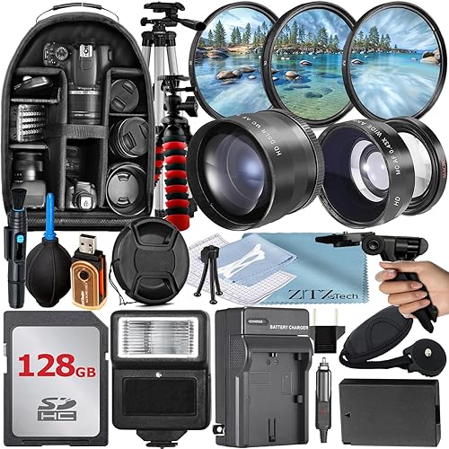 ZeeTech 49mm Accessory Bundle for Canon EOS: R100, R50, R10, M5, M6 Mark II, M6 + LP-E17 Battery + 128GB Memory Card + Wide Angle + Telephoto Lens +
