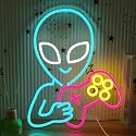 AEHEMNGZ Alien Game Neon Sign Ice Blue Alien Neon Light for Wall Decor Dimmable Game Neon Sign Gaming Controller Light Up Sign for Bedroom Bar