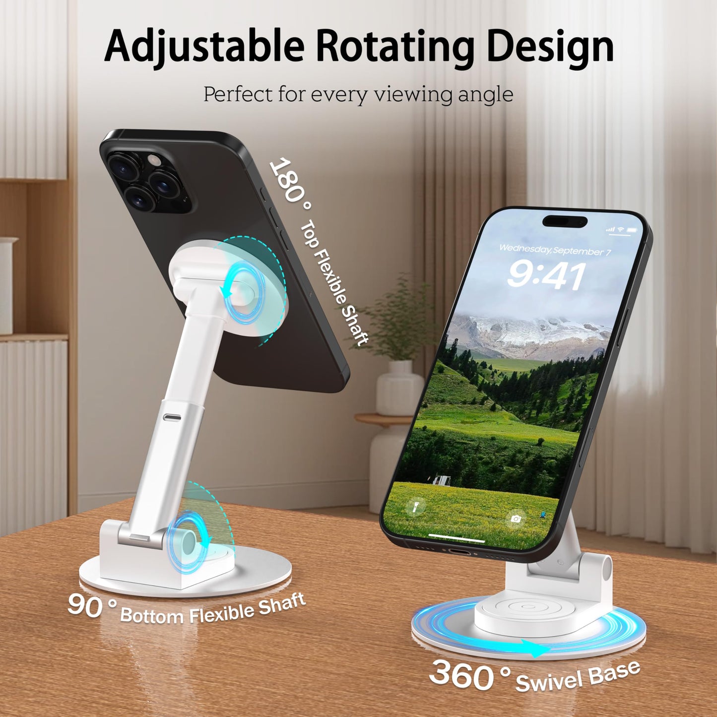 HZZADZXW Magnetic Phone Stand for MagSafe, Compatible for All Smartphones with Metal Ring, Height Adjustable Stand with 360° Rotation, Compatible