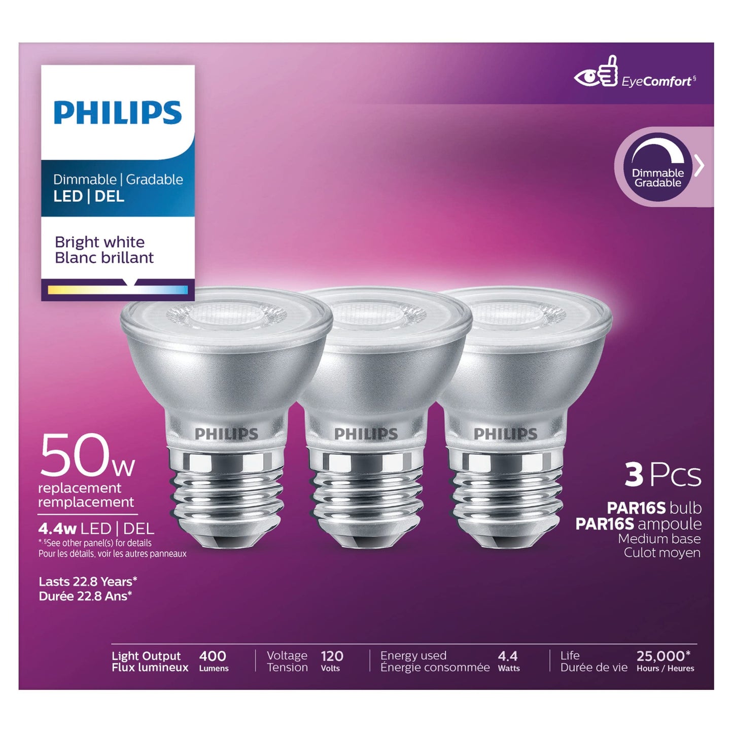 6W PAR16 Medium Base Bright White Dimmable LED Light Bulbs - 3 Pack