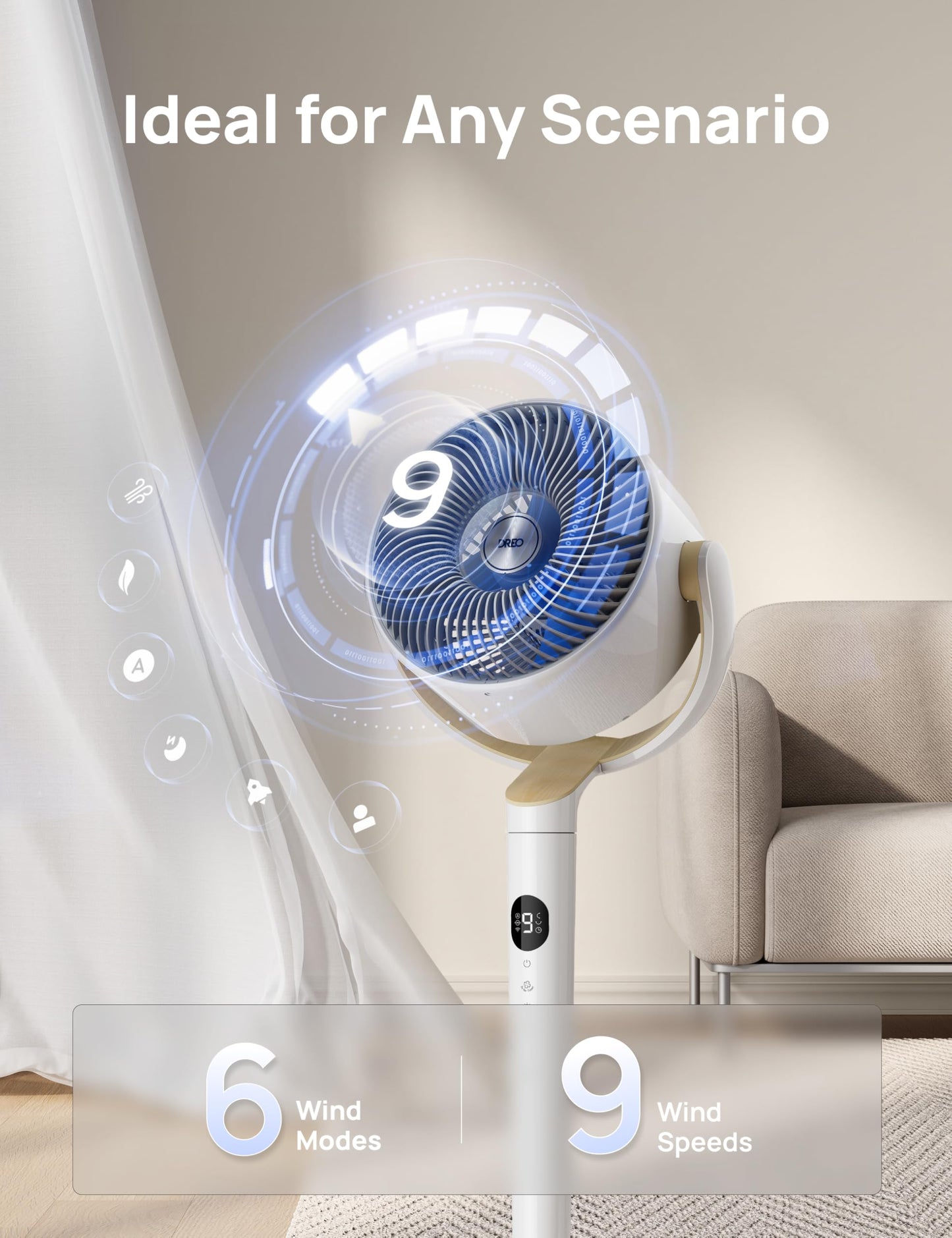 DREO Smart Fan for Bedroom, 120° +120° Omni-Directional Oscillating Fans, 100ft Quiet Pedestal Fan with RGB Light, 9 Speeds, 6 Modes, 8H Timer