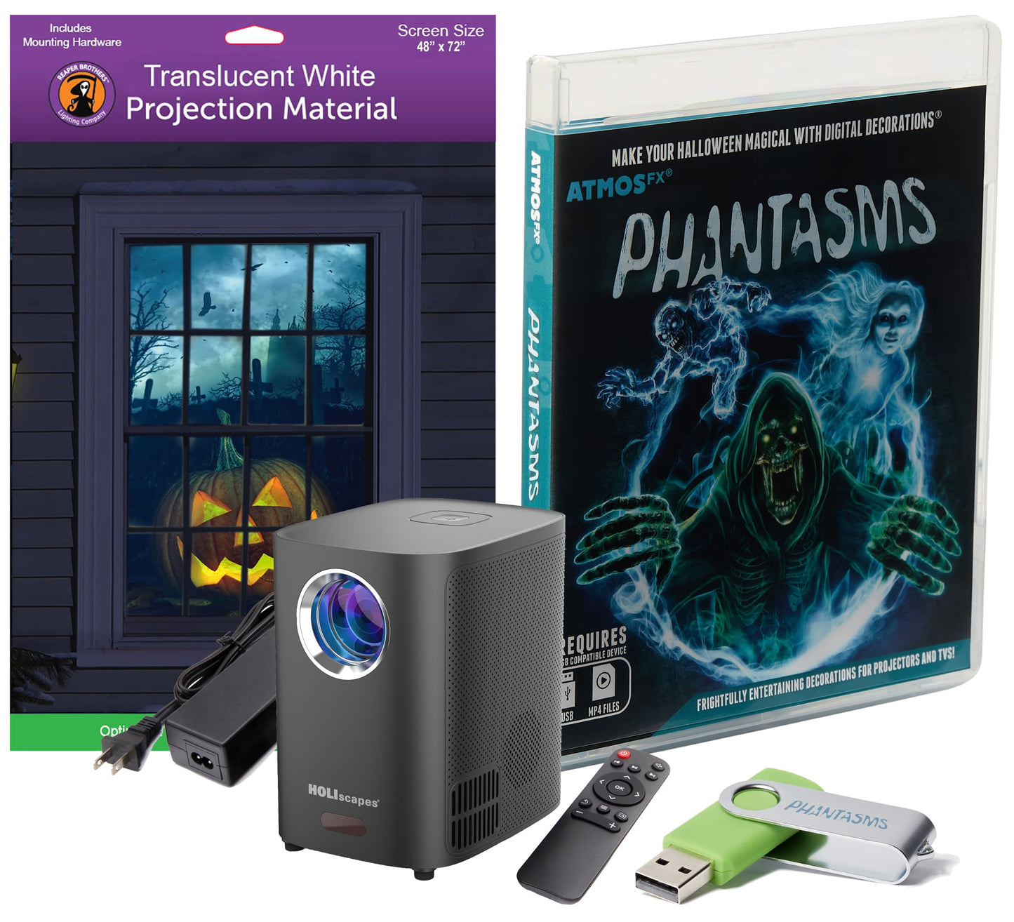 HoliScapes® USB Projector Kit - AtmosFx Phantasms USB + Projector + 48" x 72" Large White Holographic Screen for Halloween Projection