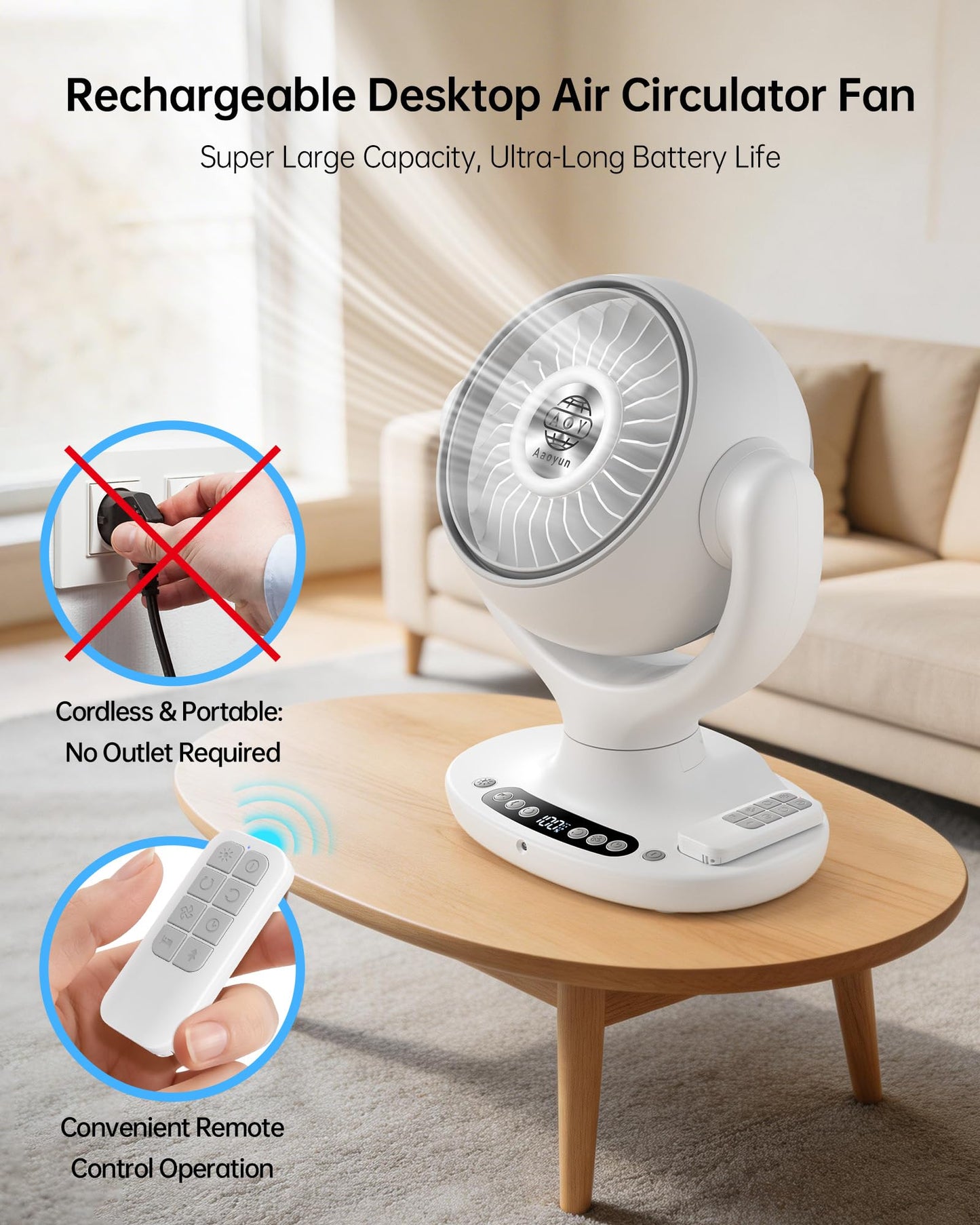 Aaoyun Cordless Desk Fan, 12000mAh Rechargeable Air Circulator with Remote, 3D Oscillating Table Fan, 8 Speeds Quiet DC Motor, 4-Level LED Light