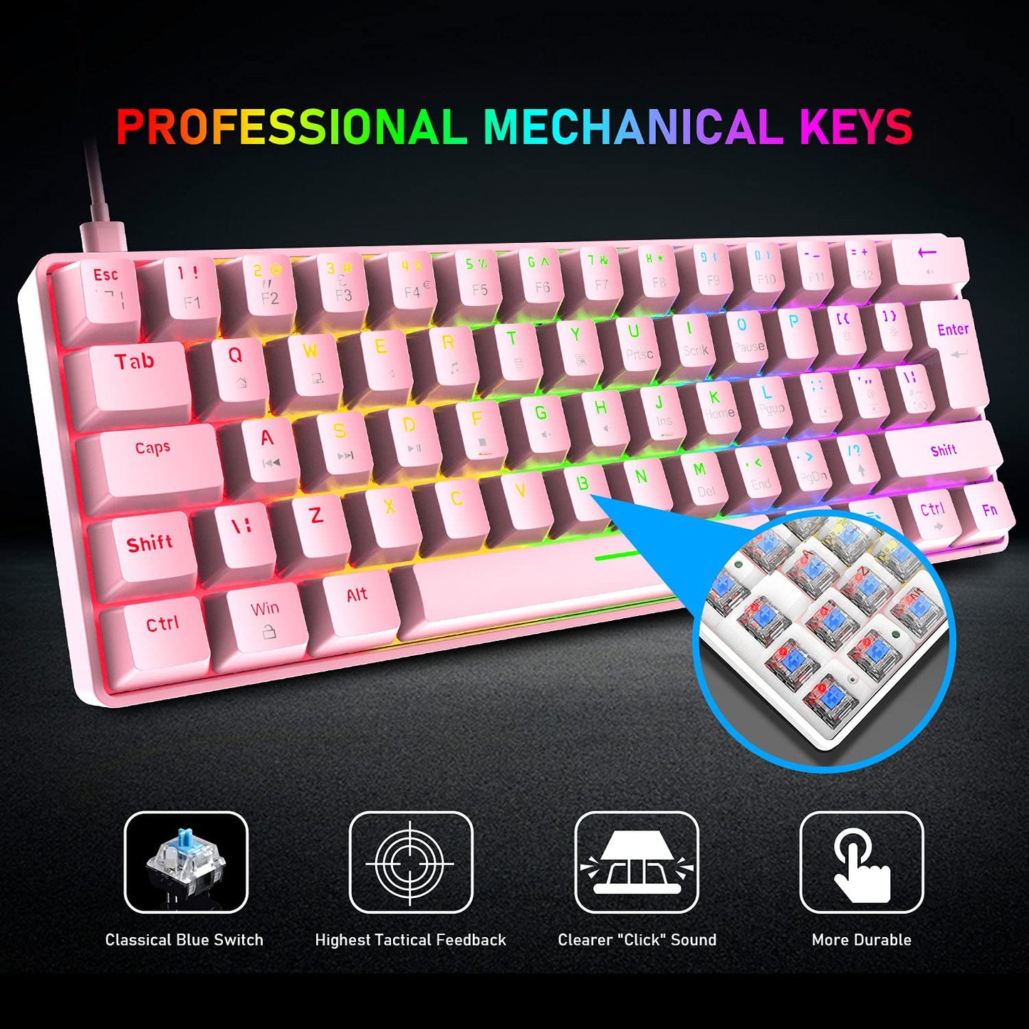Portable 60% Mechanical Gaming Keyboard, 62-Key Mini Wired Office Keyboard, Blue Switch LED Backlight for Windows Laptop Mac Easy to Travel