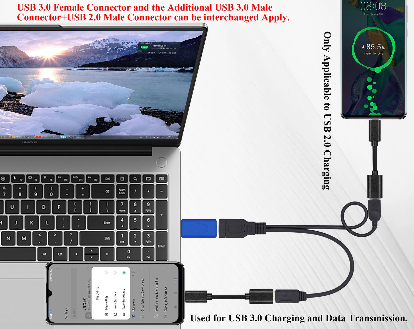 AAOTOKK USB A 3.0 Y Splitter Cable, USB 3.0 A Female to Dual USB 3.0 A Male + USB 2.0 A Male Extra Power Charging & Data Transfer Dual USB Y Splitter