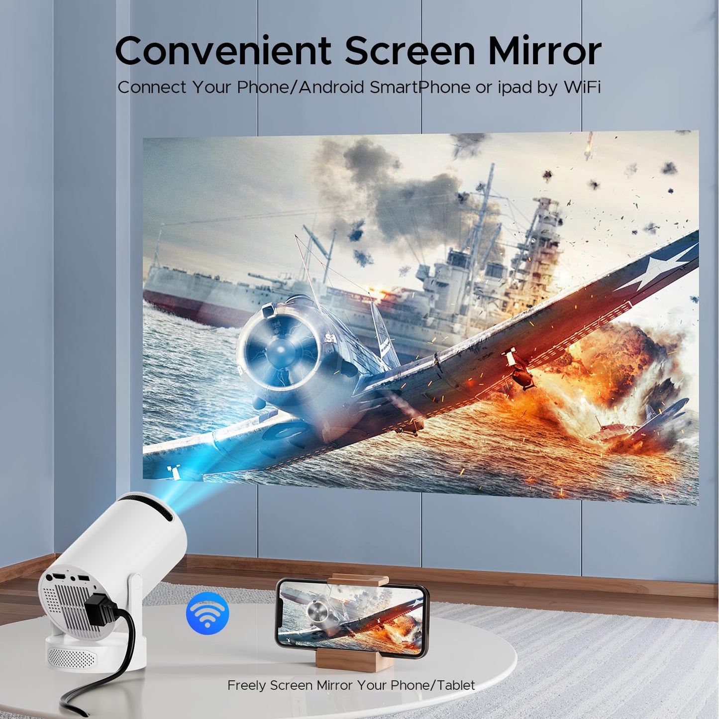 Mini Projector with WiFi and Bluetooth, Smart Portable Movie Projector 4K Support, 300 ANSI, 5W Base Speaker, 220° Rotation, Auto Vertical Keystone