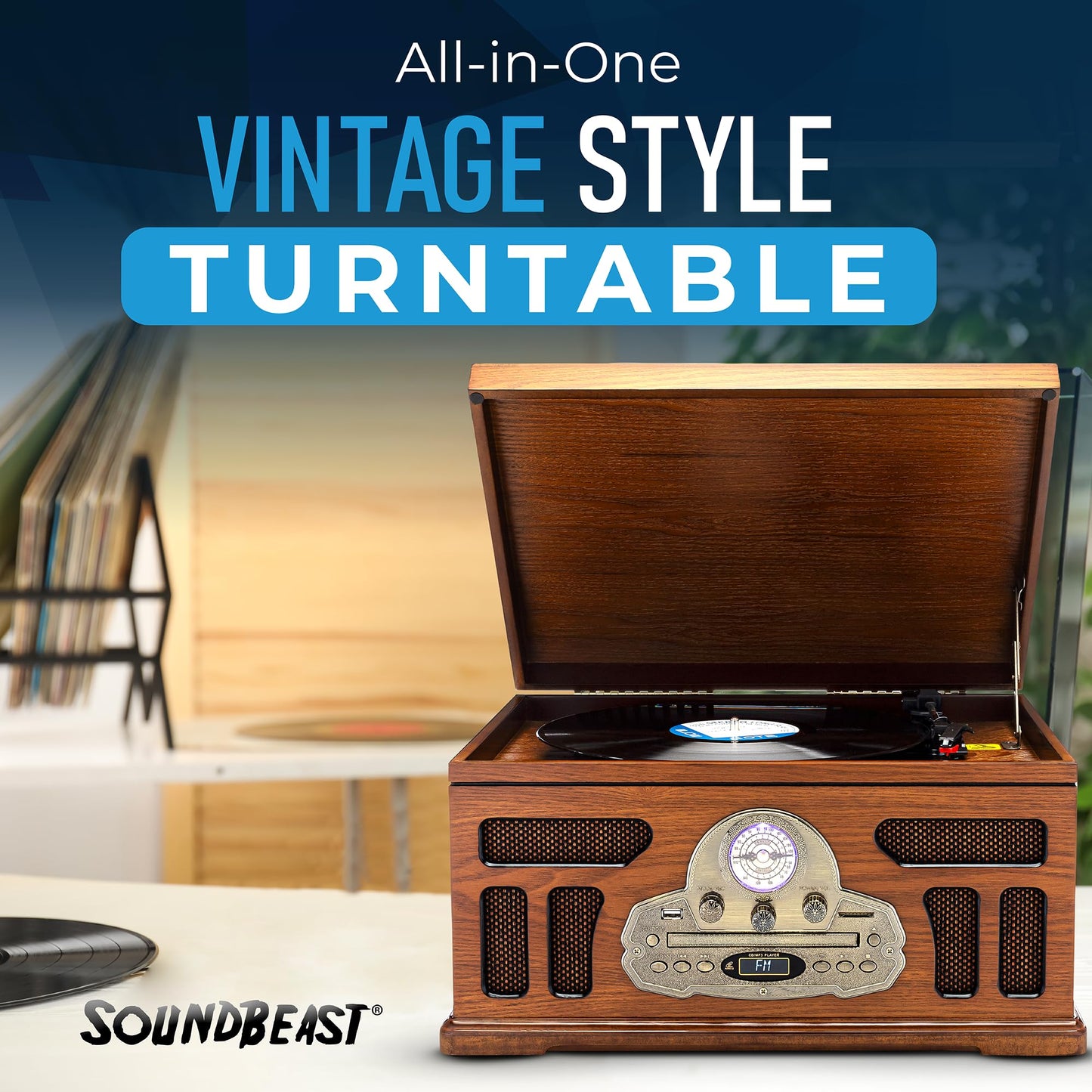 SoundBeast All-in-One Turntable with 3-Speed Record Player, Bluetooth, CD, Cassette Tape, AM/FM Radio, USB, Built-in Speakers, Handmade Wooden