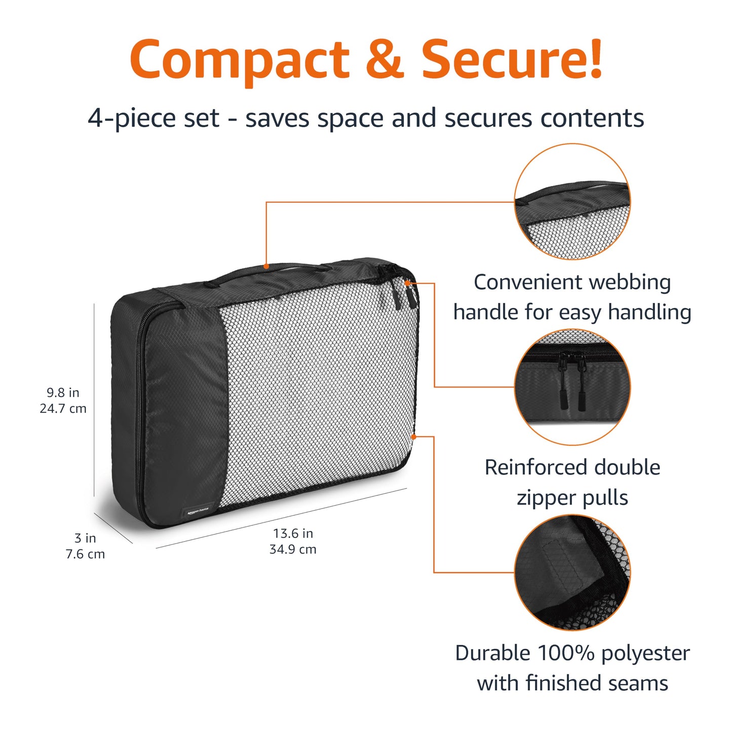 Amazon Basics Lightweight Packing Cubes Travel Organizer Set with Double Zipper, Mesh Top, Durable Polyester, Medium, 4 Piece, Black