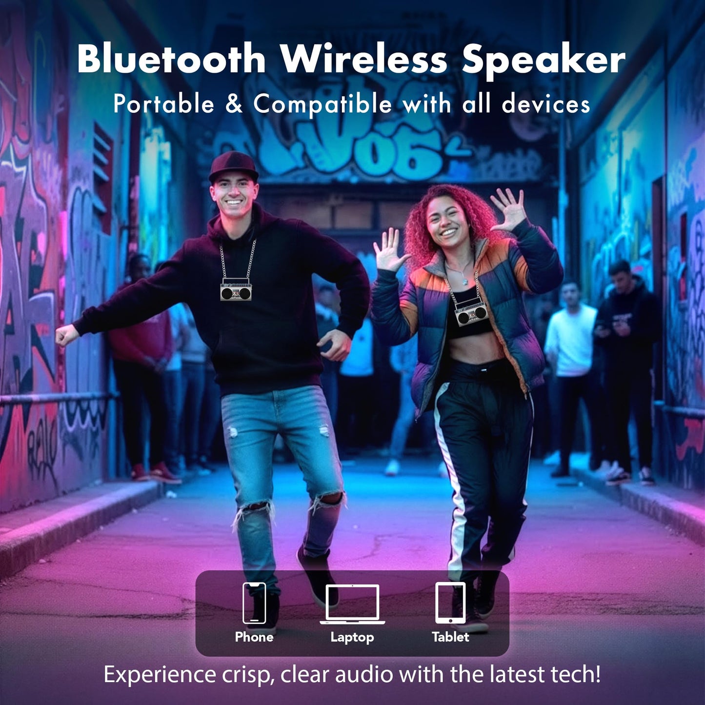 Portable Bluetooth Speakers, Retro Speakers Bluetooth Wireless Wearable Mini Bluetooth Boombox with 27” Neck Chain, FM Radio, On-Board Buttons, Dual