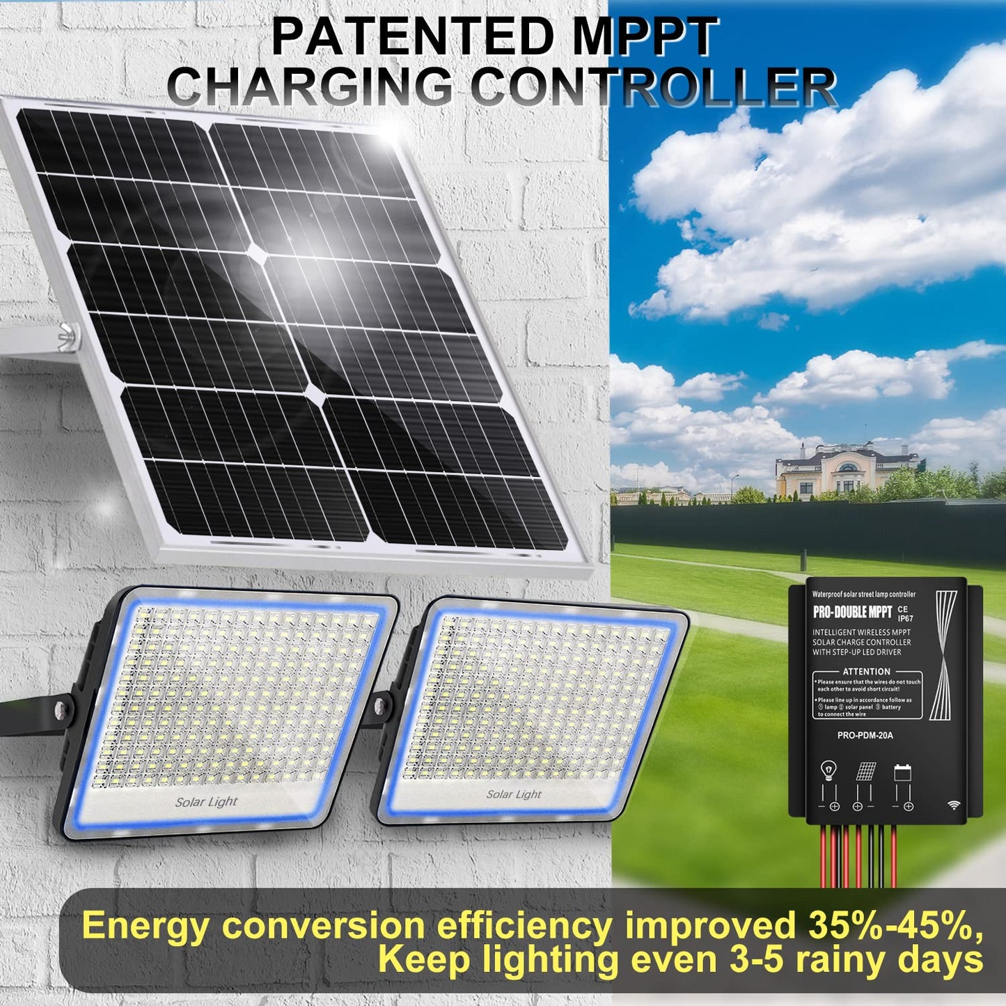 Gebosun 100W 12000LM Solar Flood Light Outdoor with Separate Panel, Dusk to Dawn & Motion Sensor Solar Street Lights Outdoor with Flash Warning