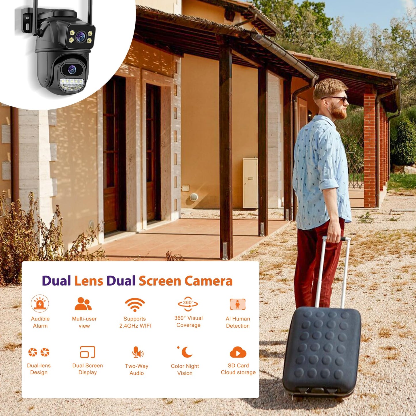 Security Camera Outdoor 2.4G WiFi PTZ Outdoor Camera Dual Lens Home Security Cameras Linkage 360°View 4MP Plug-in Cable Two-Way Talk,AI