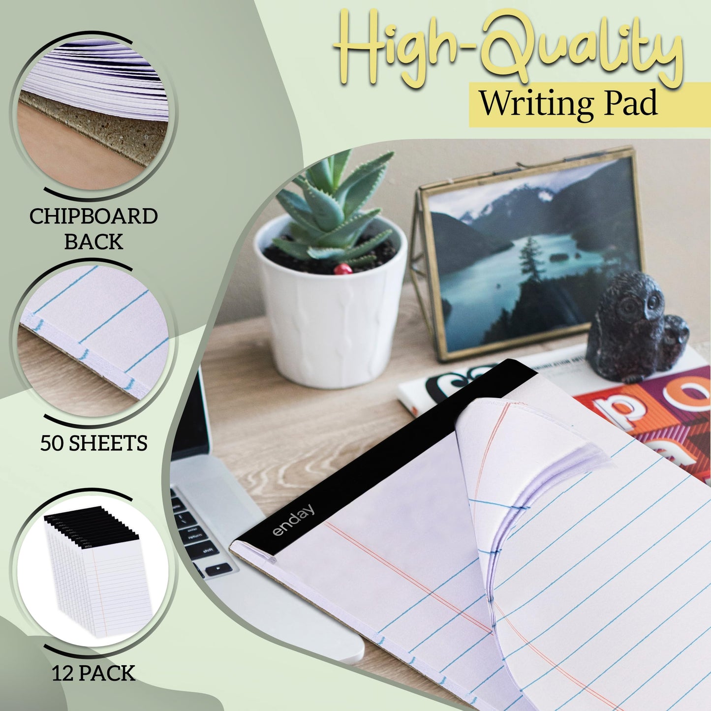 Enday Legal Pads 8.5 x 11 Inch, (12 Pack) 50 Sheets per Notepad, White Note Pads, Legal Ruled Writing Pad with Perforated Pages, White Paper Legal Pad