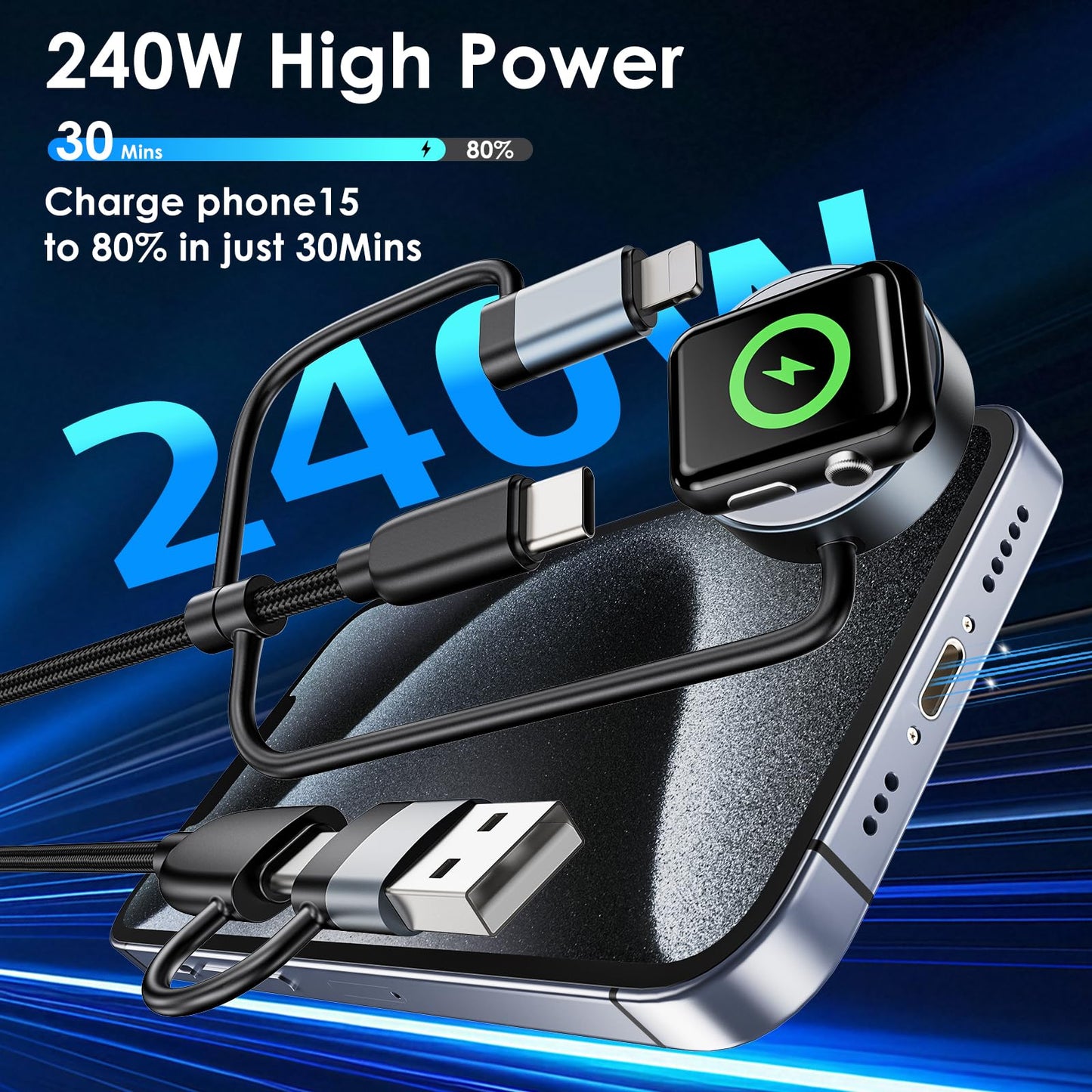 240W Fast Charging USB C Cord,Braided for Apple Watch/iPhone Charger/Samsung Charger, Travel Essentials for iWatch 10/9/8/7/6/5/4/3/2/1, iPhone 17-11