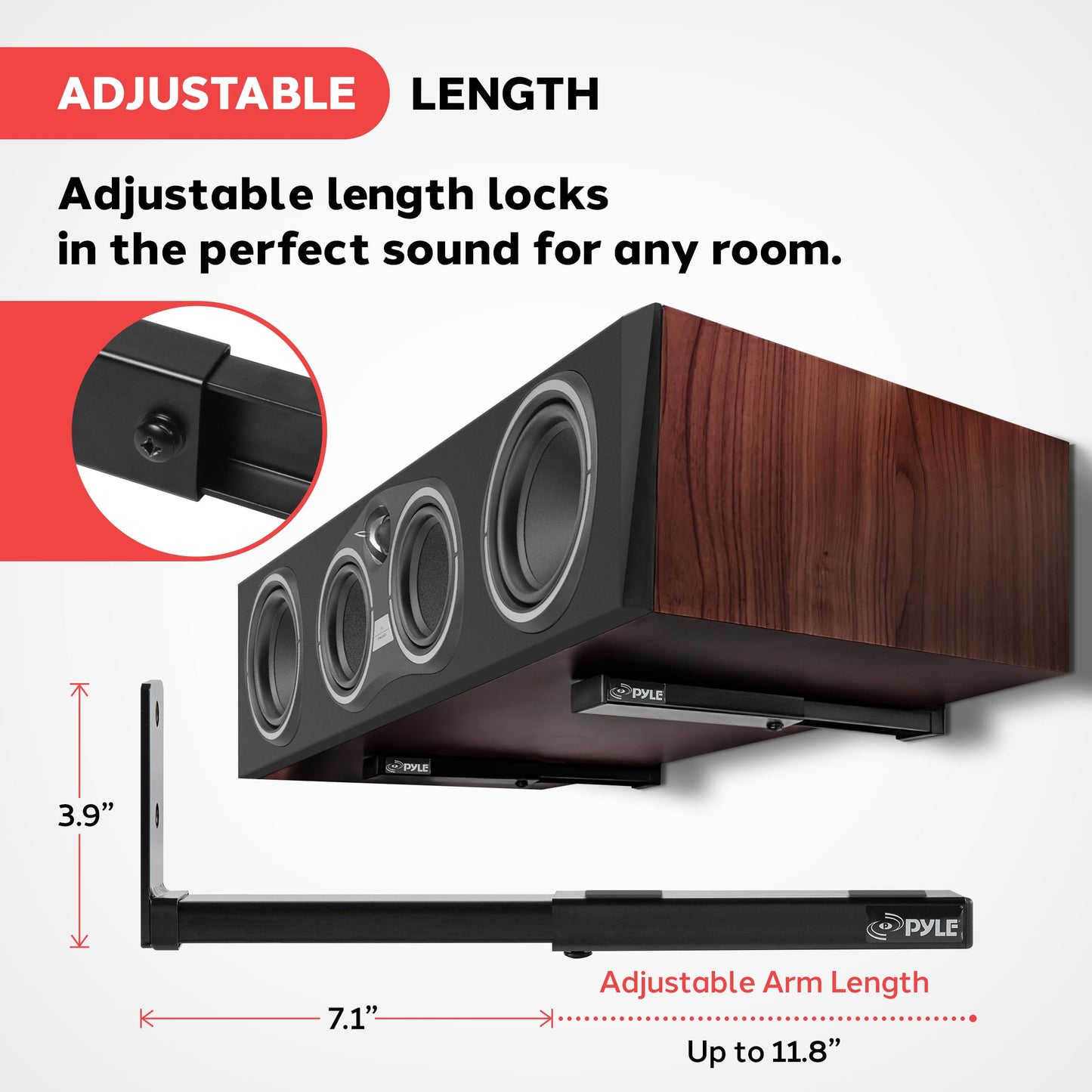 Pyle Adjustable Speaker Wall Mount Brackets - 2 Pack (4 Brackets) Extendable Steel Arms for Center Channel, Small or Large Speakers & Soundbars - 110