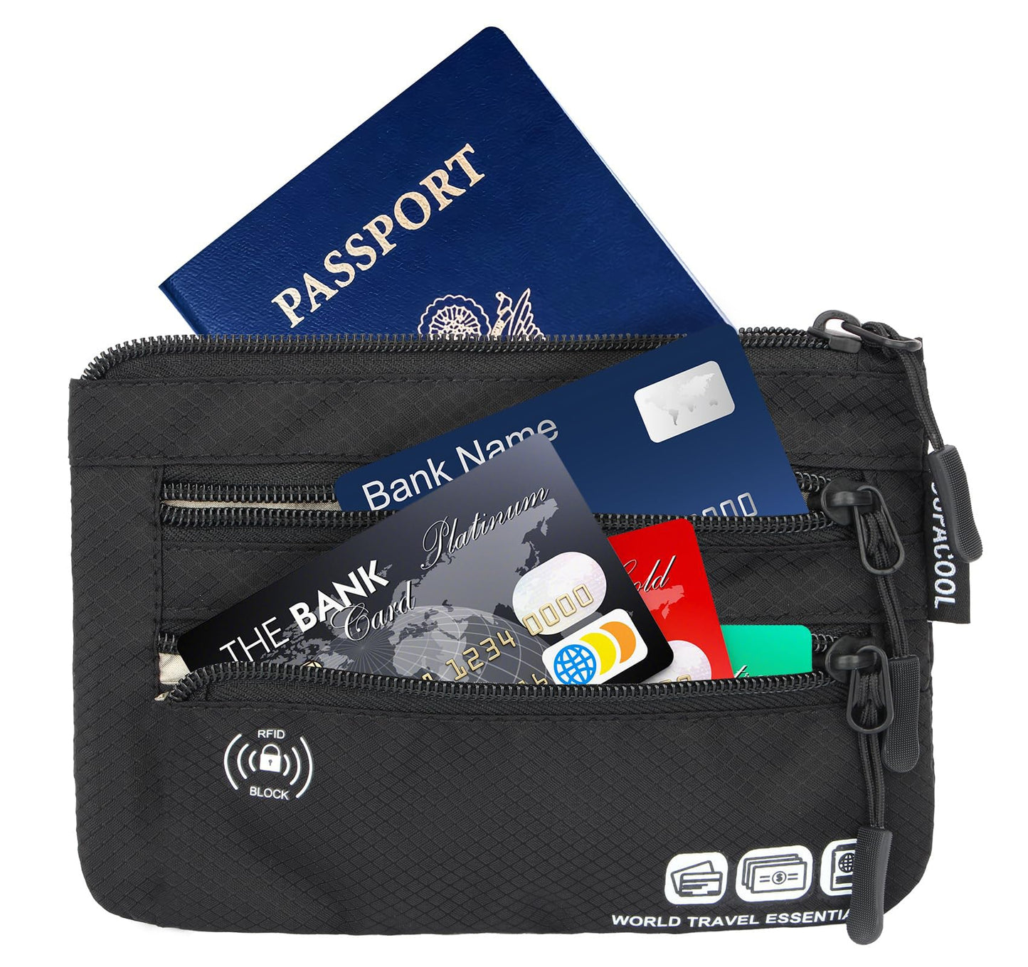 SUPACOOL Passport Holder Bag – RFID Blocking Travel Wallet & Card Organizer Pouch for Men, Women & Family, 2-Piece Set, Black