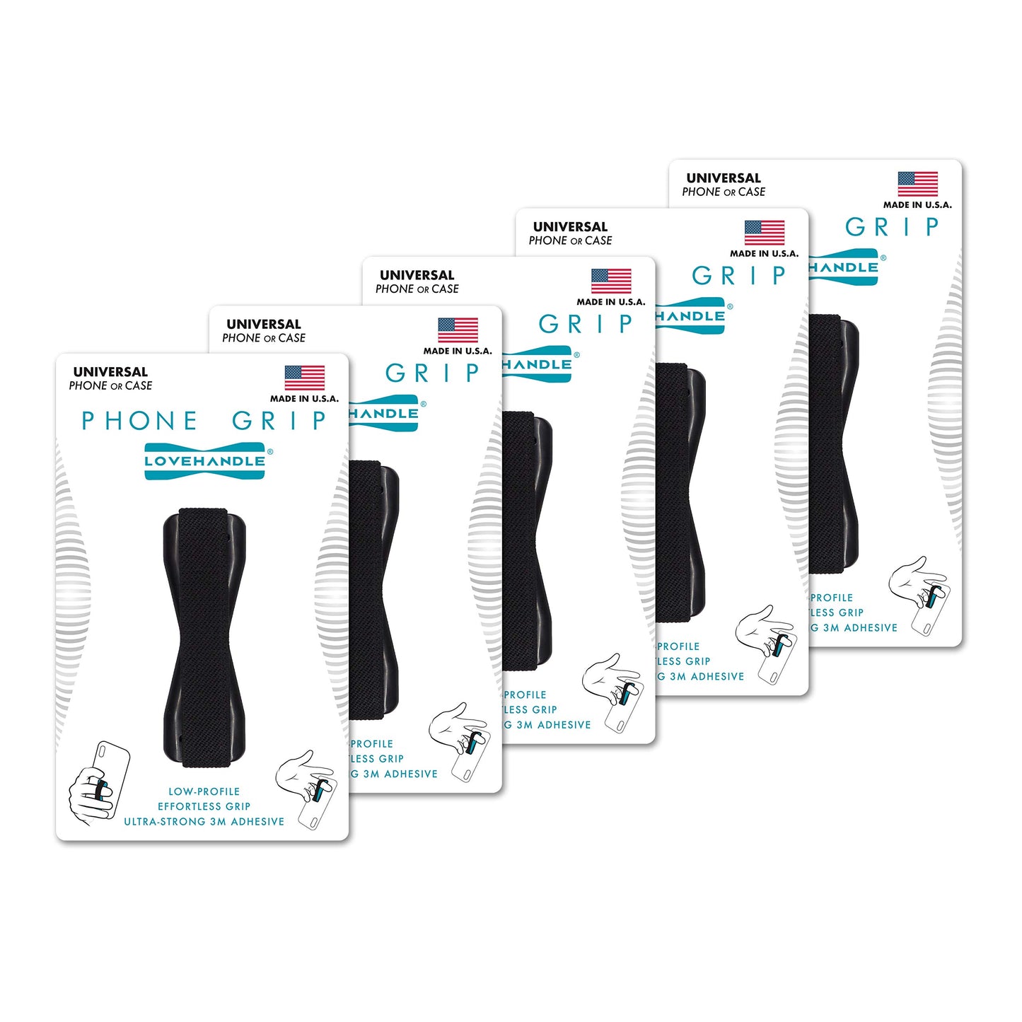 LoveHandle Phone Grip for Most Smartphones and Mini Tablets - Black Elastic Strap with Black Base - Pack of 5 (LH-01-5PackBlack)