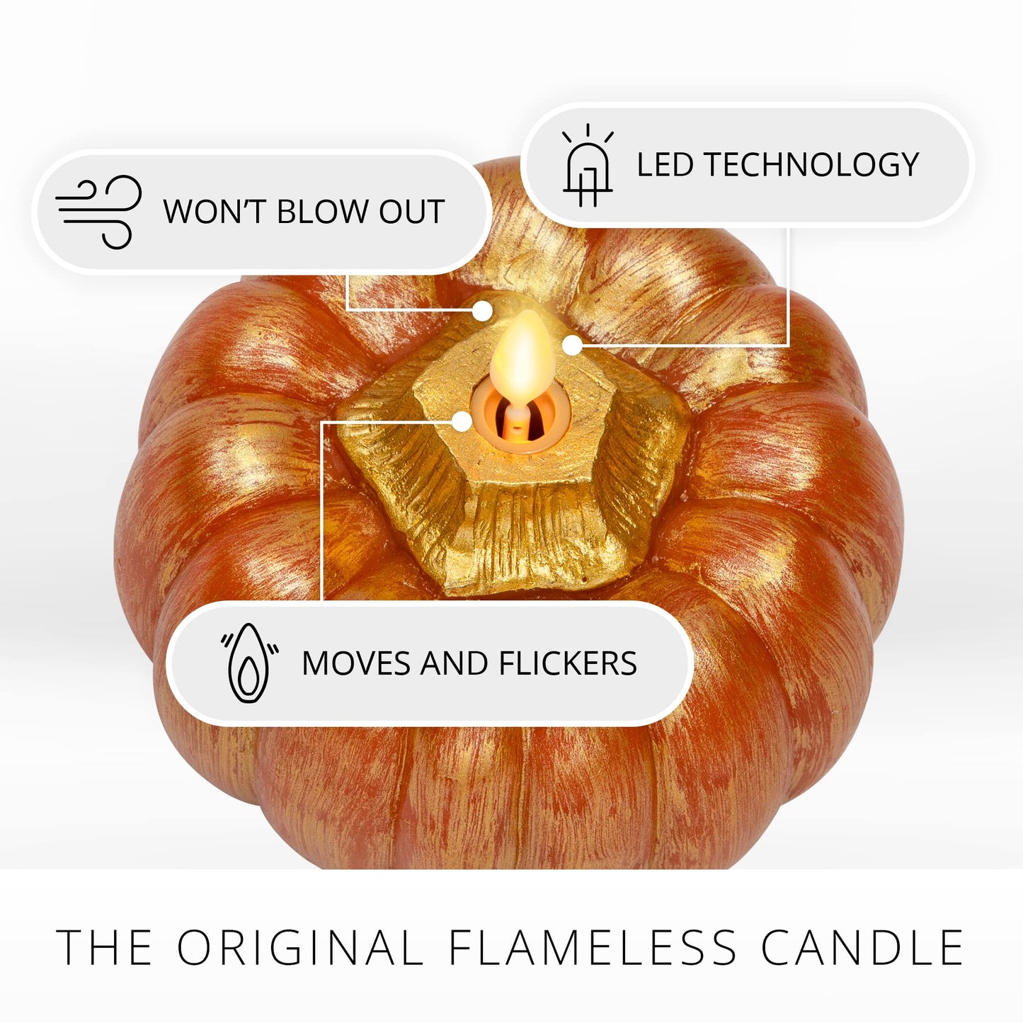 Luminara - Flameless Halloween LED Candle Battery Operated Moving Flame - Metallic Gold Orange Pumpkin - Pack of 1-5x4.5 - Unscented Indoor Use