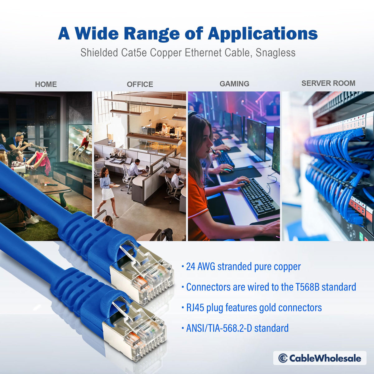 CableWholesale Cat5e F/UTP Shielded Ethernet Cable, Snagless, 50 ft, Blue
