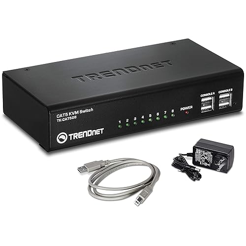 TRENDnet 8-Port CAT5 KVM Switch, CAT5 Cables up to 30m, USB, PS/2, Hot-Keys, VGA, Dual Console, TK-CAT508