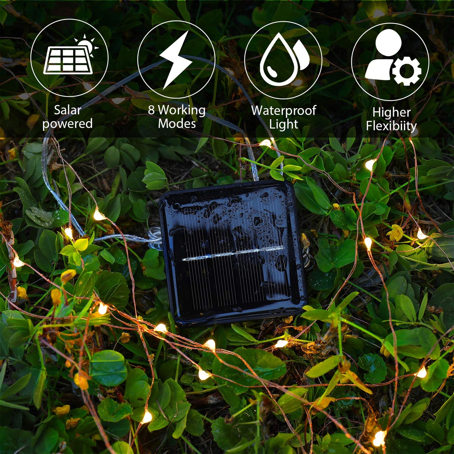 Ariceleo Solar String Lights, 4 Pack, 33 Ft, 100 LED Copper Wire, Warm White, 8 Lighting Modes, Waterproof, Outdoor and Indoor Use, for Garden, Patio