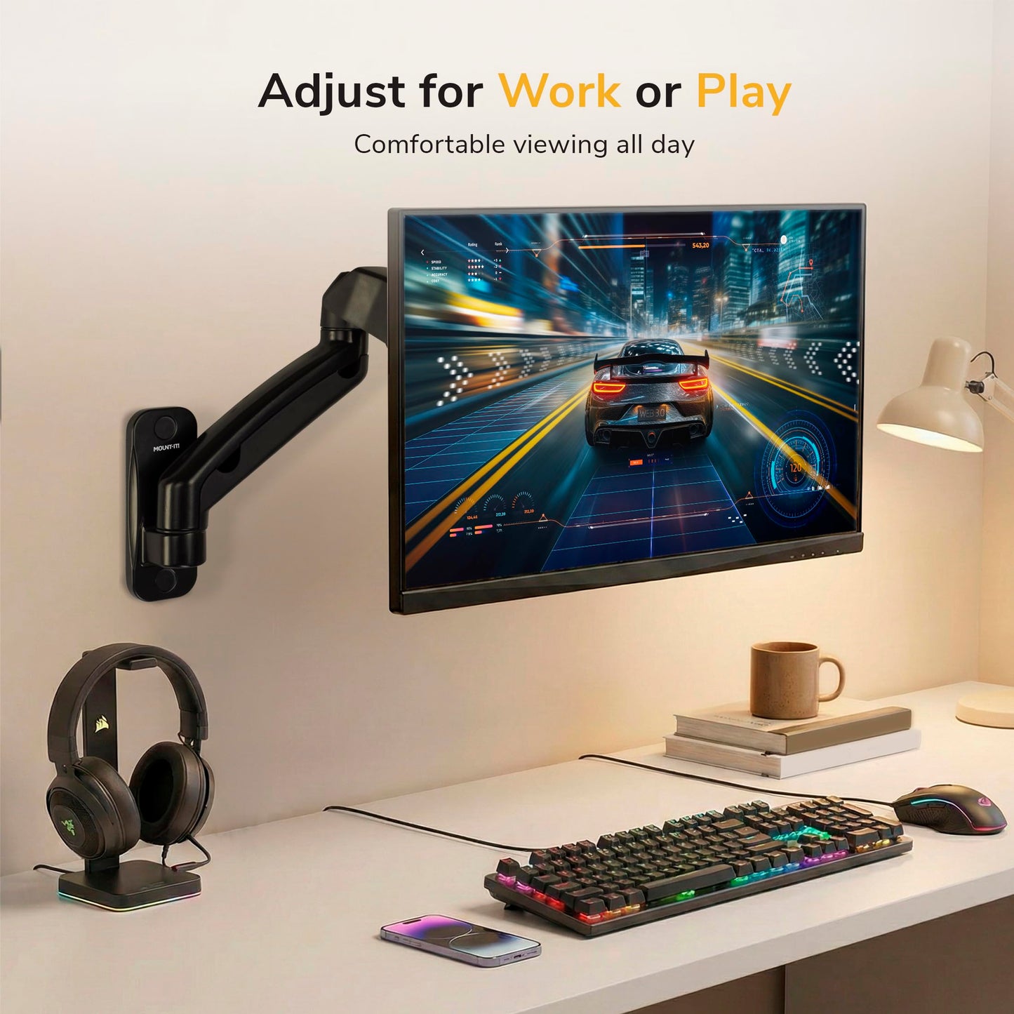 Mount-It! Monitor Wall Mount Arm, Full-Motion Gas Spring, Fits 13-32? Screens up to 14.3 lbs, VESA 75x75 & 100x100, Tilt Swivel Rotate, Single-Stud