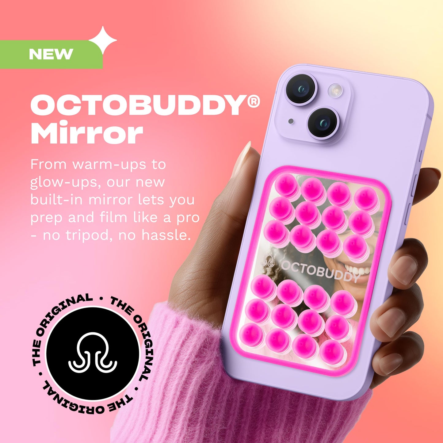 OCTOBUDDY Mirror - OG Suction Cup Phone Mount - Silicone Suction Grip Mobile Holder with Built-in Mirror - Hands-Free Selfies and Videos - Content