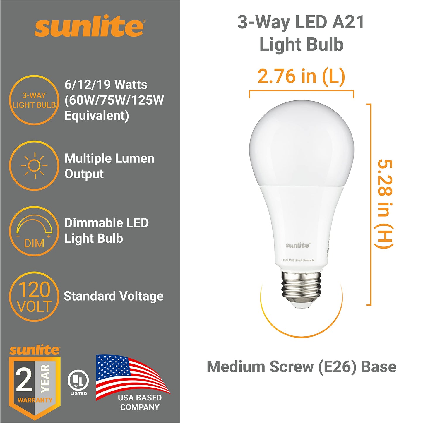 Sunlite 70327 3-Way LED A21 Light Bulb, 6/12/19 Watts (60W 75W 125W Equivalent), 800-1500-2100 Lumens, Medium E26 Base, Omni-Directional, UL Listed