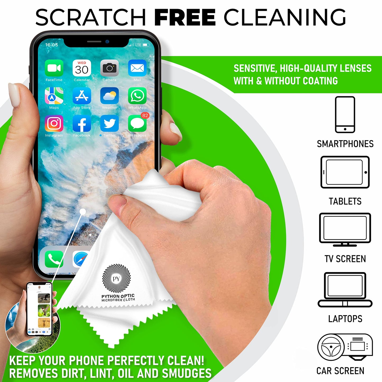 Python Premium OLED Microfiber Cloth 12x16in - Scratch-Free Optical Lens & Glasses Cleaner, Screen Cleaning for Computers, TVs, Apple Devices, Zeiss