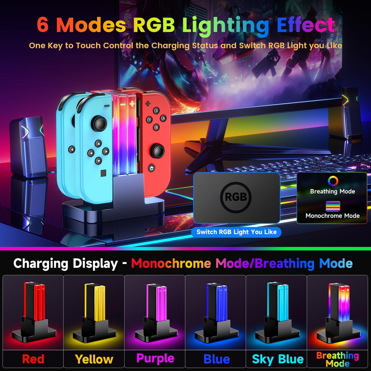 Wenocally Switch Controller Charger Dock Compatible with Nintendo Switch for Joycons & OLED Model with 6 RGB Light Mode, Charging Station for Wii