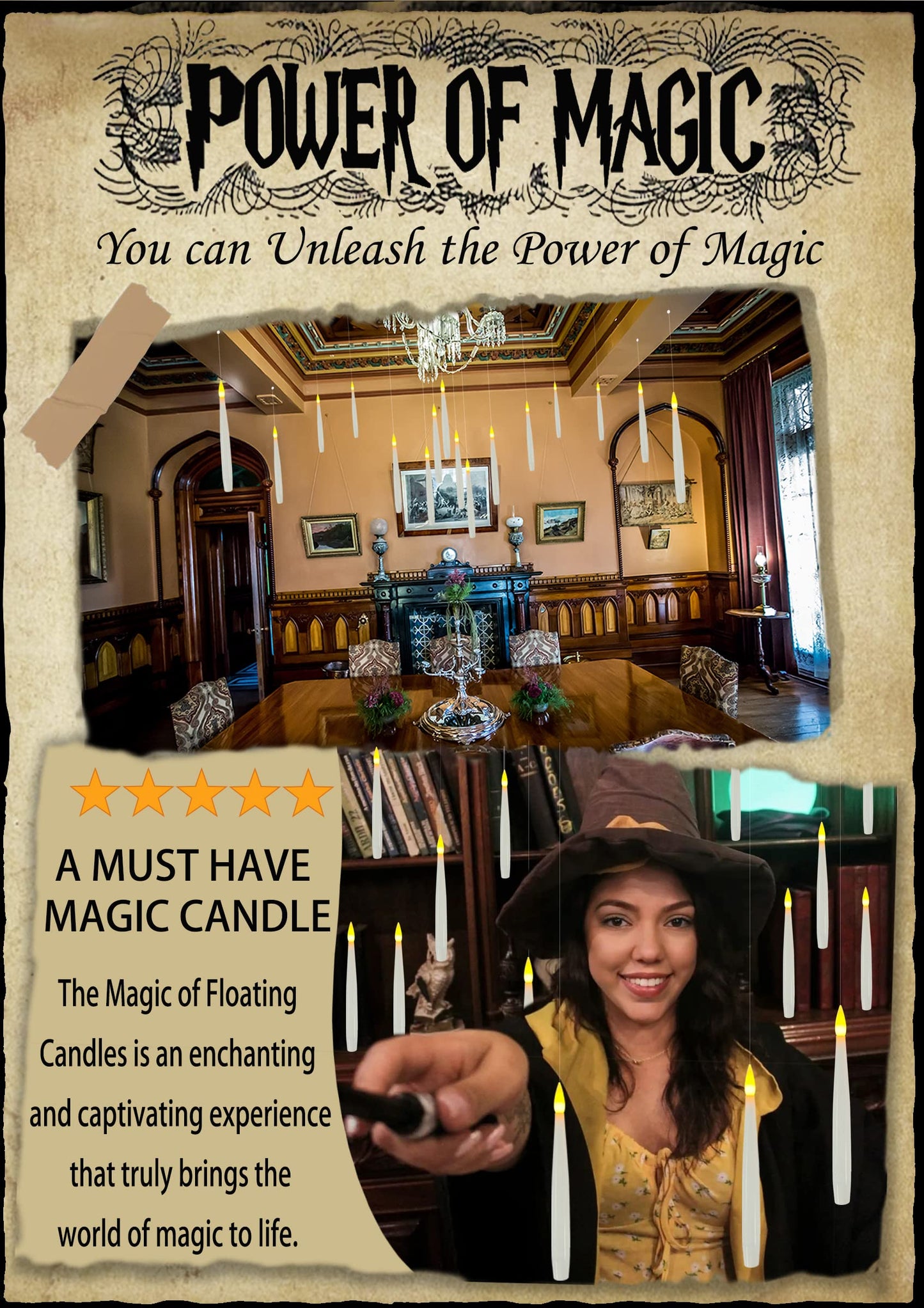 Halloween Decoration, Floating Candles with Wand, 20PCs Magic Hanging Candles with 21 AAA Battery, Flickering Warm Light Flameless LED Candle, Window