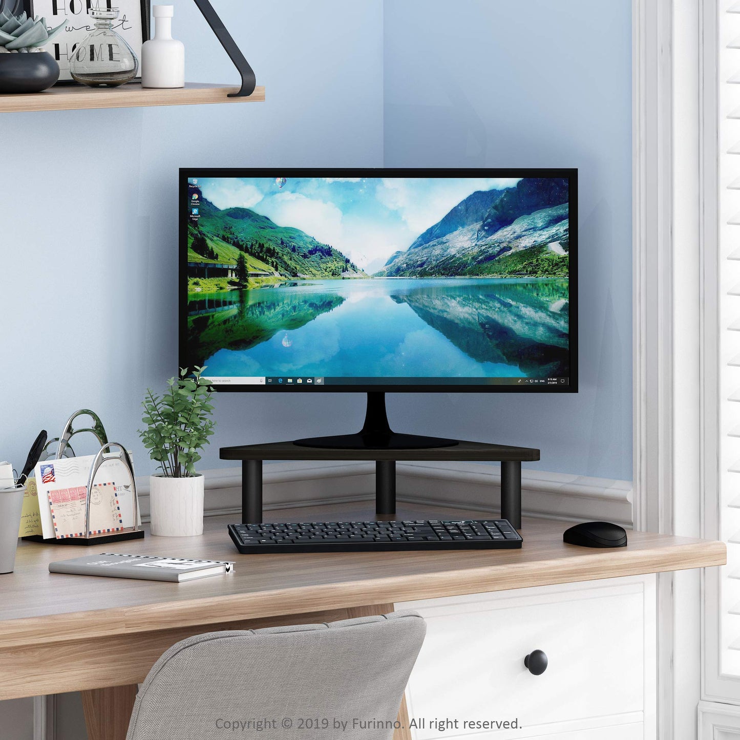 Furinno TURN-N-TUBE Monitor Stand Riser, 19.6" Wide Triangle Corner Monitor Riser, Laptop Stand for Desk, Office Desk Accessories, Desktop Organizers
