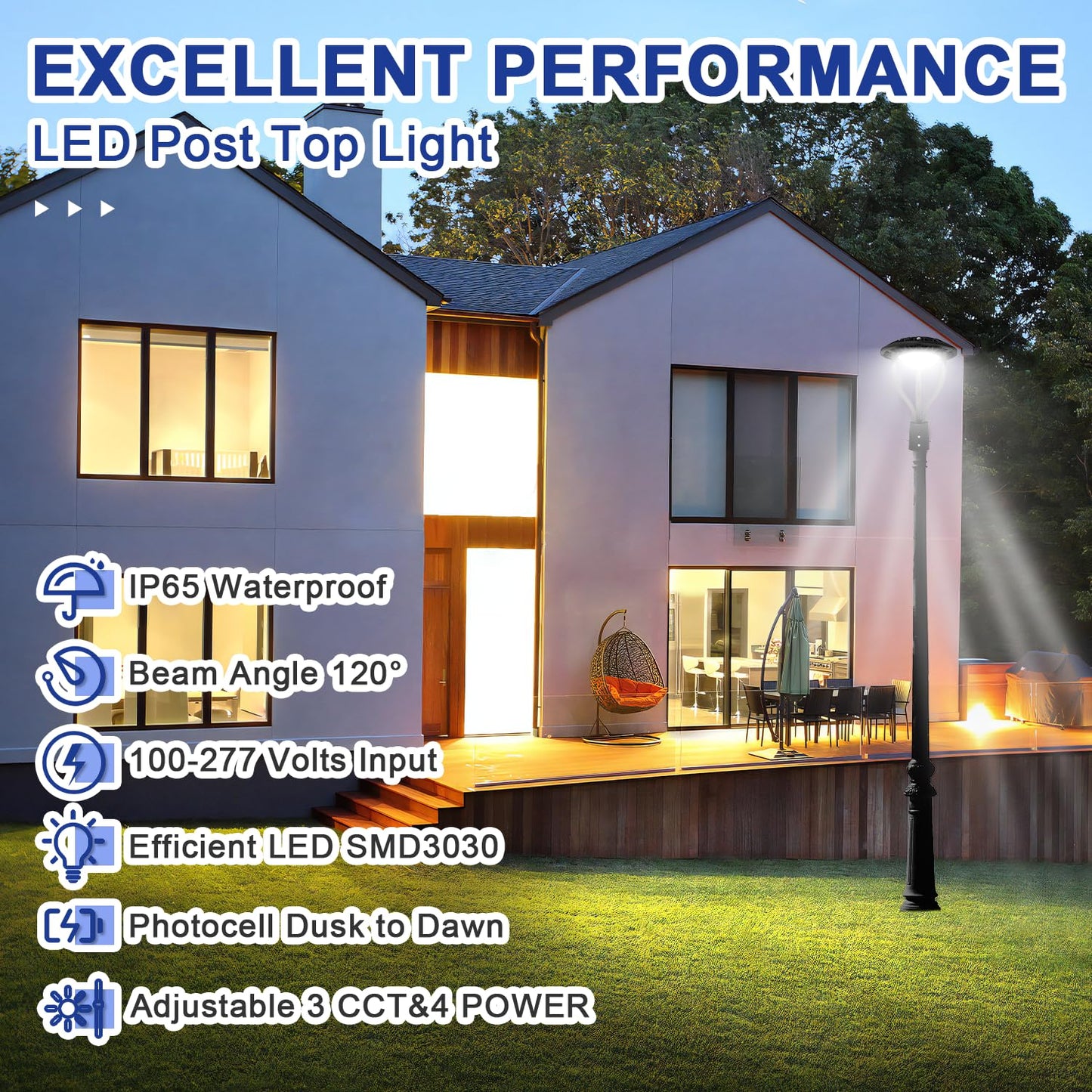 LED Post Top Light with Dusk to Dawn Photocell, 20W/30W/40W/60W Wattage Selectable, 3000K/4000K/5000K CCT Tunable, LED Post Top Outdoor Circular Area