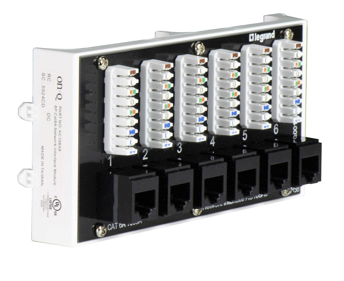 Legrand - OnQ Home Theater Patch Panel, 6 Port Interface Module, Cat 6A Network Patch Panel for Wired Ethernet Connection, Black, AC106A6