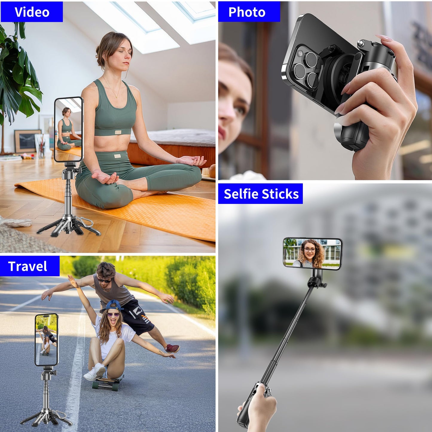 Wofoboxair for Magsafe Tripod Stand for iPhone,Portable Pocket Size Selfie Stick with Rechargeable Remote and Metal Ring,Extendable Detachable Cell