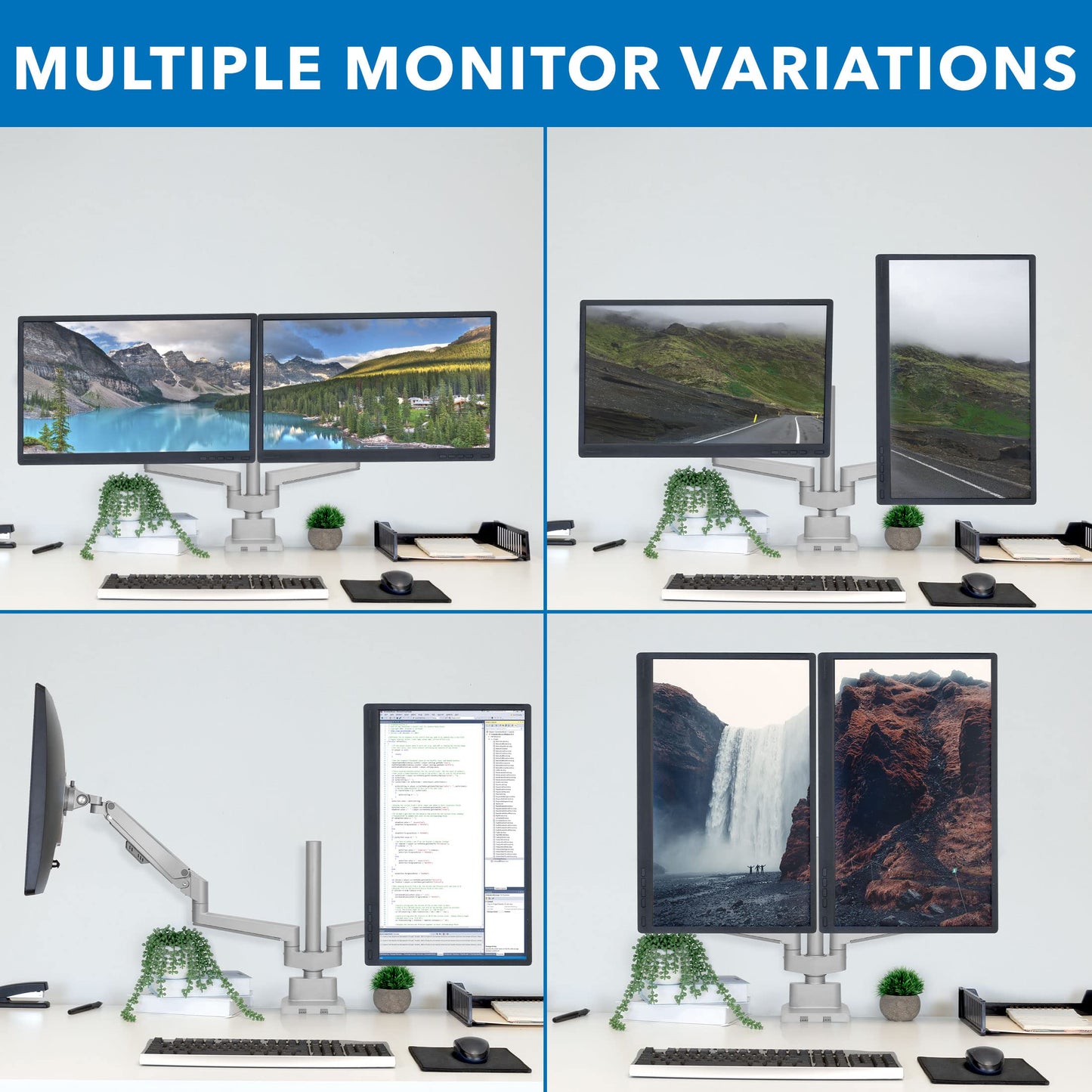 Mount-It! Dual Monitor Mount - Monitor Stands for 2 Monitors, Computer Arms on Desk Stand, Gas Spring Height Adjustable Desk Mount in Silver, VESA 75
