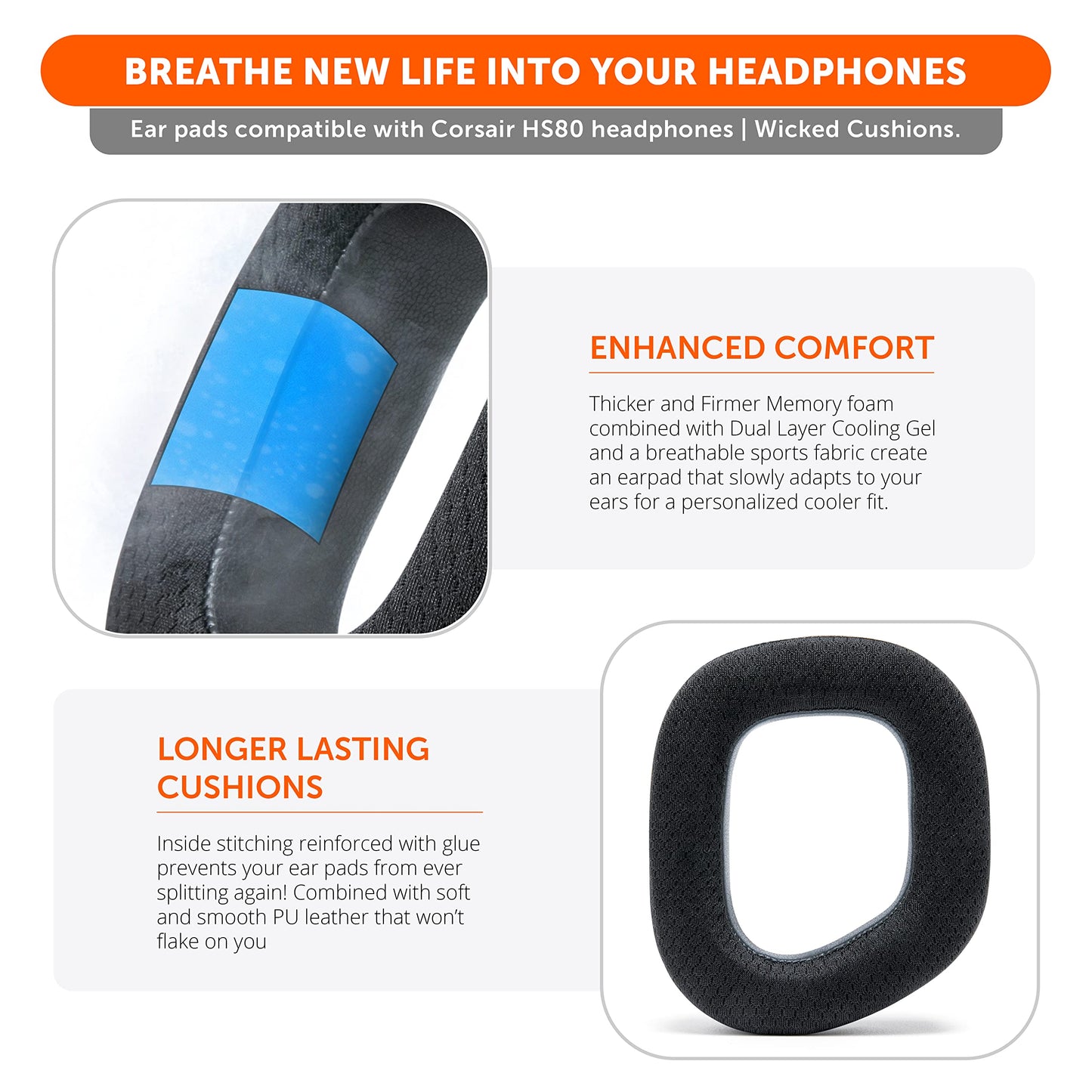 WC Freeze HS80 - Cooling Gel Earpads for Corsair HS80 RGB Wireless, Wired, & HS80 Max by Wicked Cushions - Elevate Comfort, Thickness & Sound