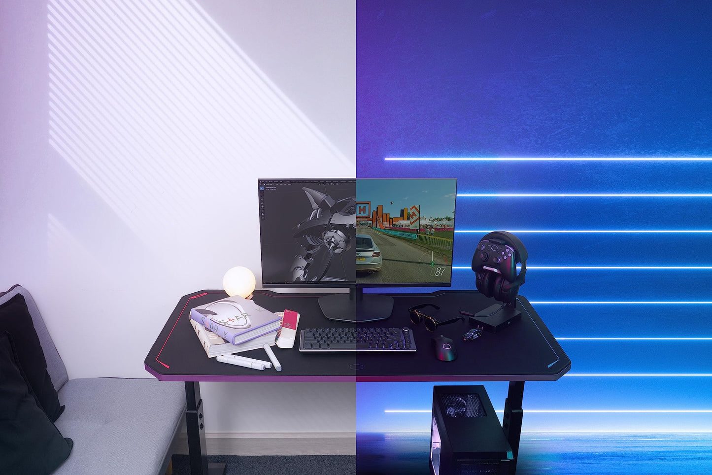 Cooler Master GD120 V1 PC Gaming Desk, Full Surface Water-Repellent Mousepad, 220lbs Weight Support, 3 Height Levels, Cable Management Tray, 47.2D x