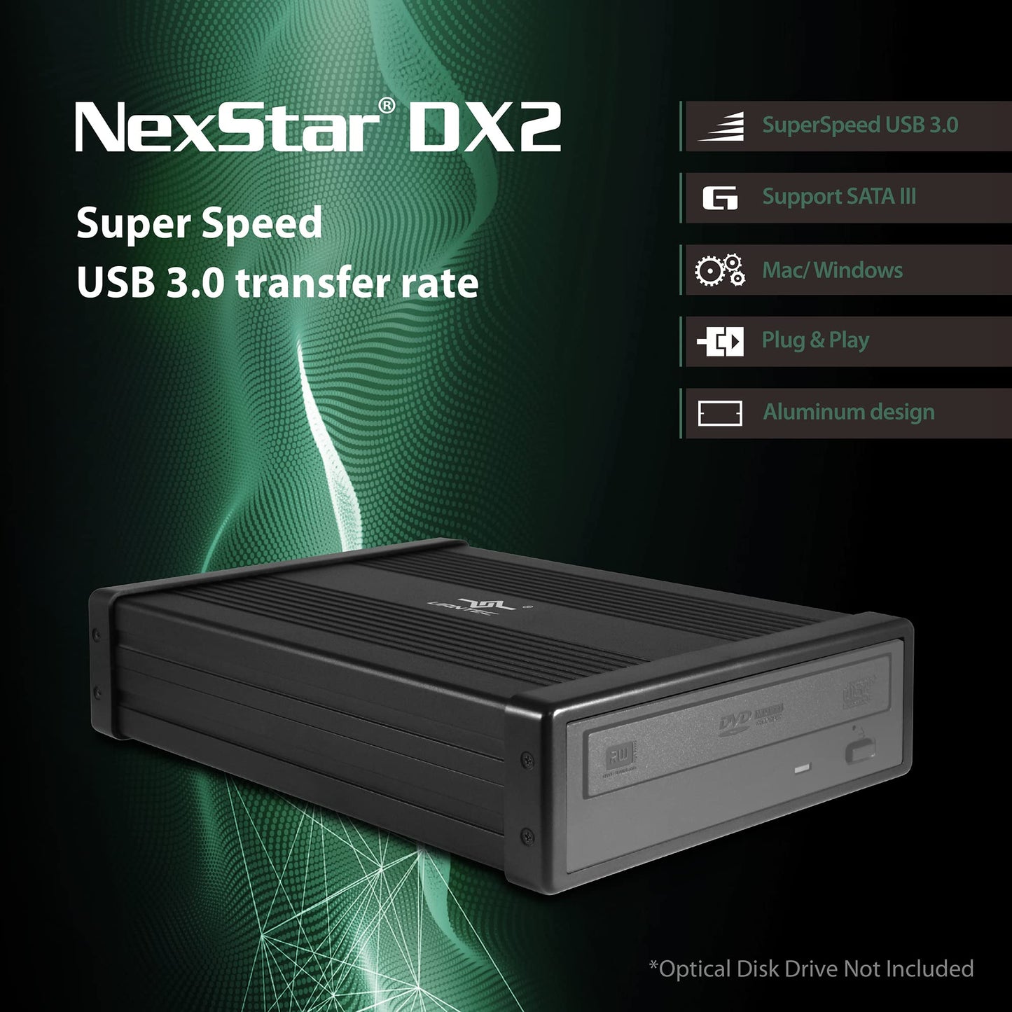 NexStar DX2 USB 3.0 External Enclosure, Design for 5.25" Blu-Ray/CD/DVD SATA Drive, 2nd Gen DX, Aluminum Alloy, fit Any Depth Optical Drive, TAA