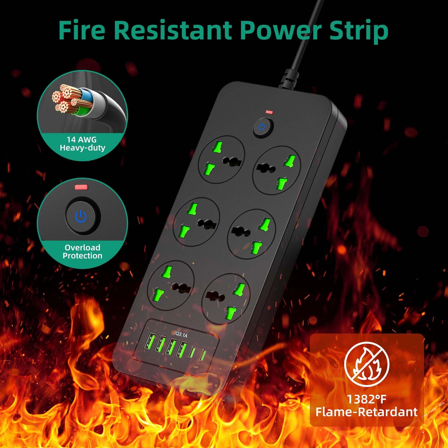 Flat Plug Extension Cord, Universal Power Strip with 6 Outlets 4 USB 2 USB C Ports, 3.1A Fast Charge?Overload Protection, 3000w, 110-240v, Plug