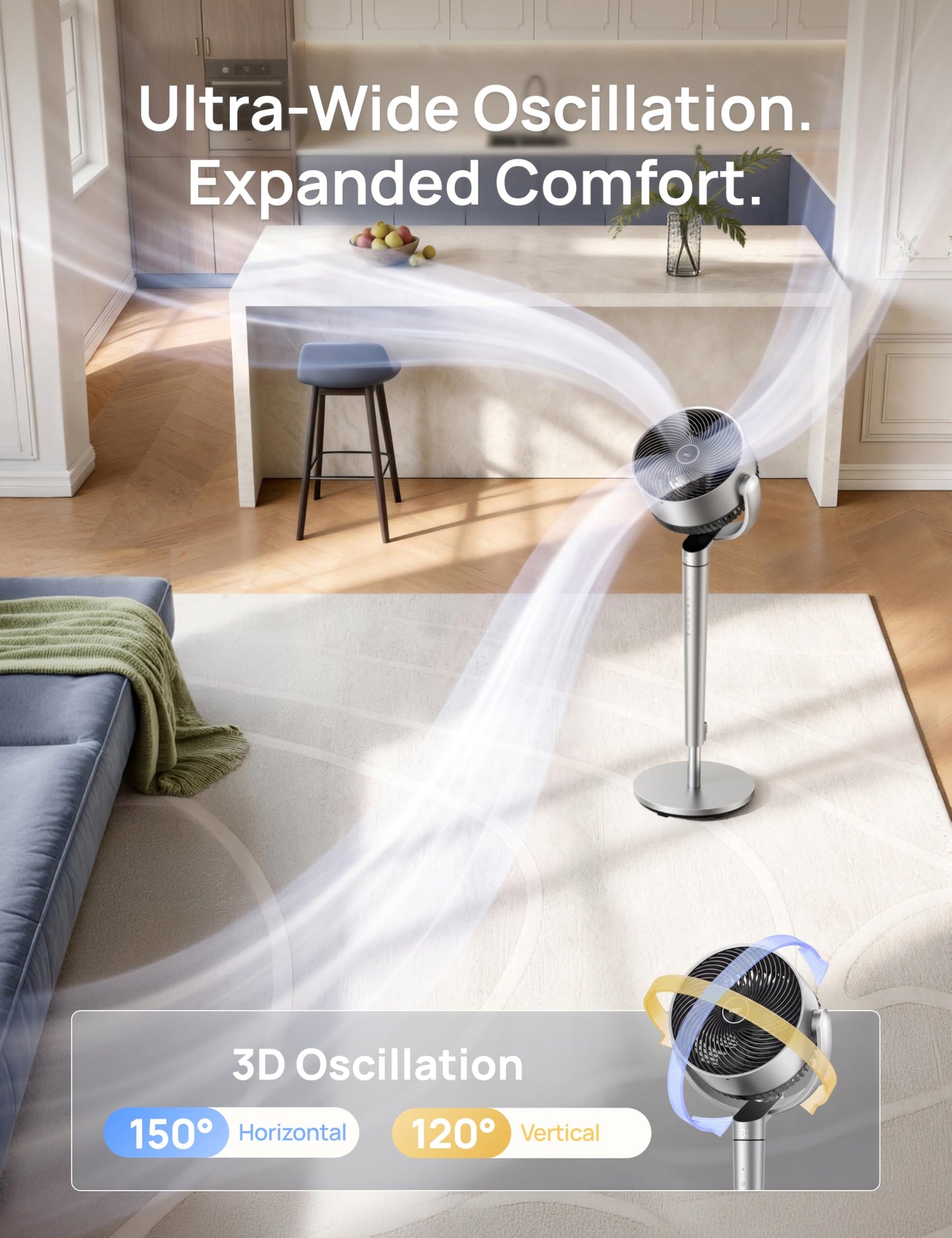 DREO Smart Fan for Bedroom, 110ft Pedestal Fan with DC Motor, 150°+120° Omni-Directional Oscillation, Quiet Floor Fan with Smart Control, 9 Speeds, 6